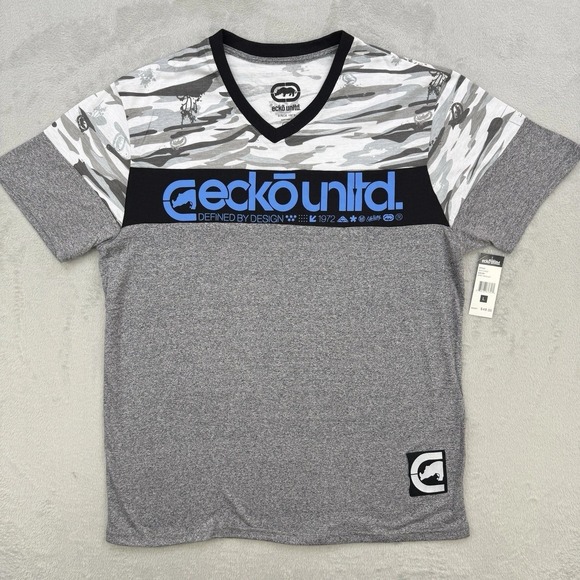 Ecko Unltd Shirt Mens Gray Camo V Neck Graphic T Shirt Defined By Design Large - Picture 1 of 8
